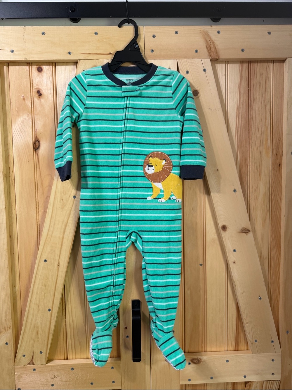 Carter's Green Striped Footed One-Piece with Lion Applique